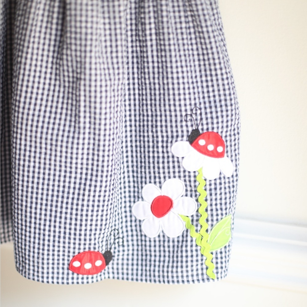 Emily Rose Girls Size 5 Navy Gingham Dress Ladybug Floral Tie Back Garden Party - Picture 2 of 6